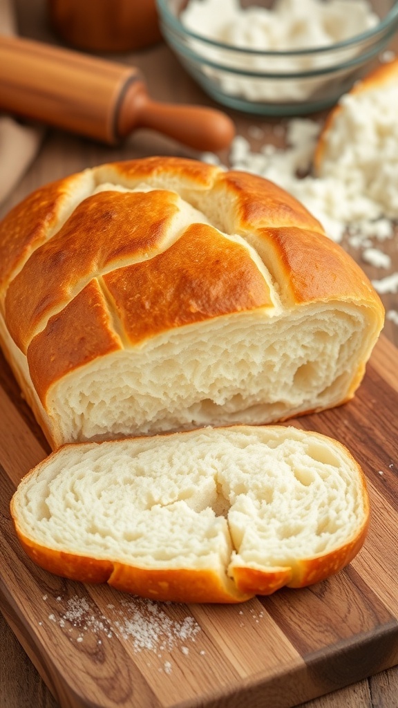 A golden crusted loaf of Dutch oven bread on a wooden board, with slices revealing a fluffy interior.